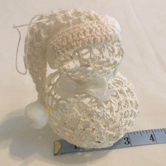 Handmade Crochet Snowman Ornament – Glitter Accents – Vintage Charm – Needs TLC - Picture 7 of 10